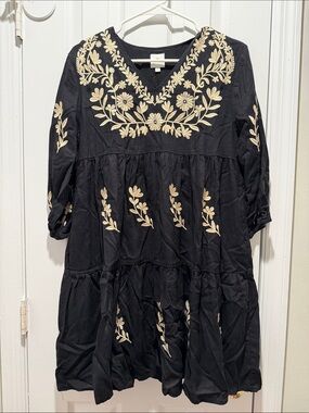 J. Marie Madeline Black Mini Dress with Cream Floral Embroidery